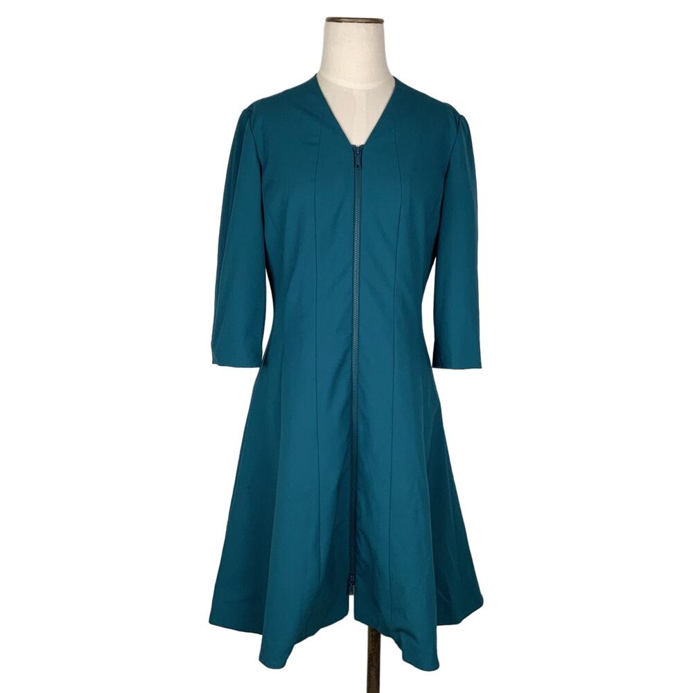 Lafayette 148 New York Rosalie Wool Zip Front Dress Teal Blue Women's Size 8